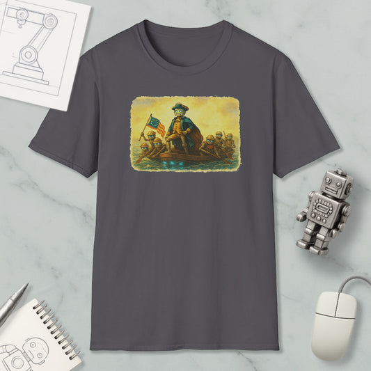a gray t-shirt with a painting of a man on a boat, surrounded by other objects such as a computer mouse, a robot, and a notebook.