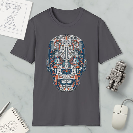 a gray t-shirt with a colorful, intricate design of a robot or machine-like face, surrounded by various objects such as a computer mouse, a notebook, and a pen.