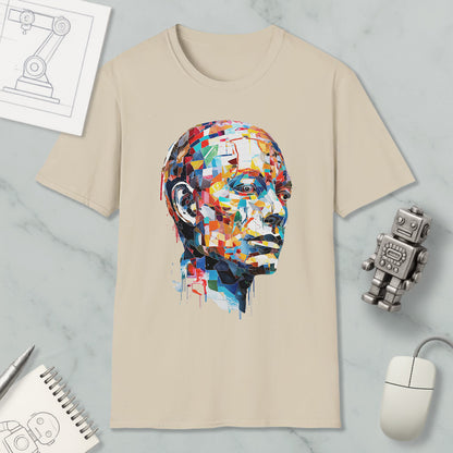 a beige t-shirt with a colorful, abstract portrait of a man's face printed on it, along with various objects such as a computer mouse, a robot, and a notebook.