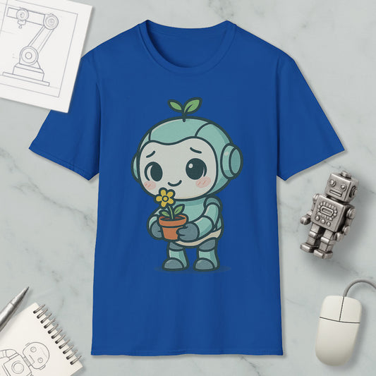 a blue t-shirt with a cartoon robot holding a flower, surrounded by various objects such as a computer mouse, a notebook, and a small robot.