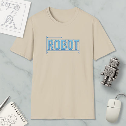 a beige t-shirt with the word "ROBOT" printed on it, along with a small robot toy and some technical drawings or sketches.