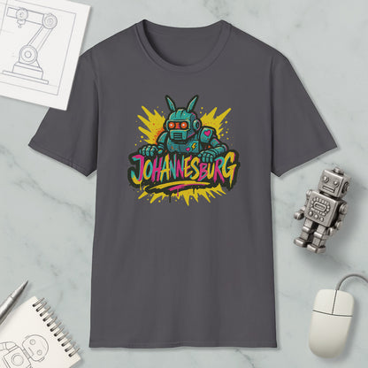 a gray t-shirt with a colorful graphic design, including a robot and the text "Johannesburg". The t-shirt is placed on a marble surface, along with a computer mouse, a notebook, and a small robot figurine.