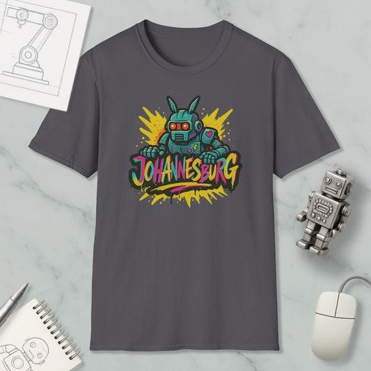 a gray t-shirt with a colorful graphic design, including a robot and the text "Johannesburg". The t-shirt is placed on a marble surface, along with a computer mouse, a notebook, and a small robot figurine.