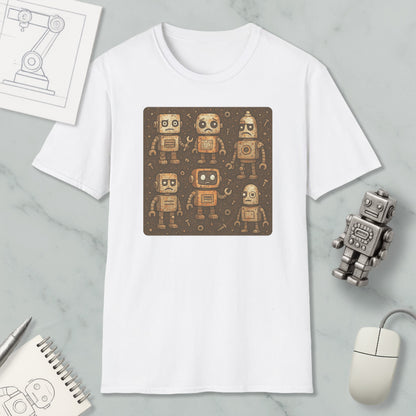 a white t-shirt with a square graphic design of six robot characters on it, along with a computer mouse and a notebook.