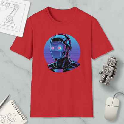 a red t-shirt with a graphic of a robot or cyborg, along with various objects such as a computer mouse, a notebook, and a pen.