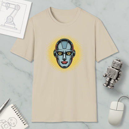 a beige t-shirt with a graphic design of a robot's face, surrounded by various objects such as a computer mouse, a notebook, and a robot figurine.