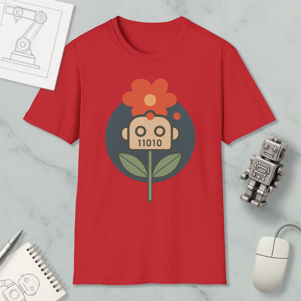 a red t-shirt with a graphic design of a flower and a robot, along with various objects such as a computer mouse, a notebook, and a robot figurine.