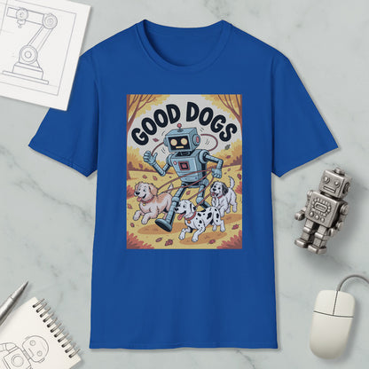 a blue t-shirt with a cartoon robot and three dogs, along with a computer mouse and a notebook.