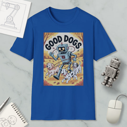 a blue t-shirt with a cartoon robot and three dogs, along with a computer mouse and a notebook.