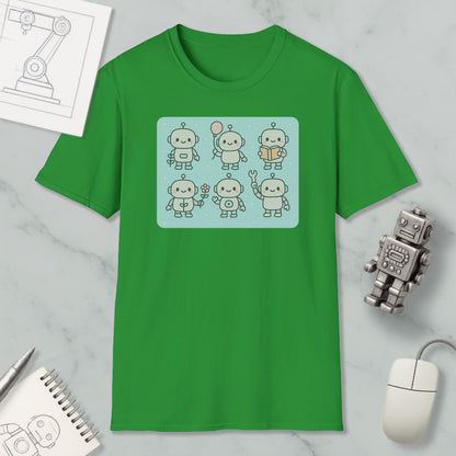 a green t-shirt with a graphic of six cartoon robots, along with a computer mouse, a notebook, and a pen on a marble surface.