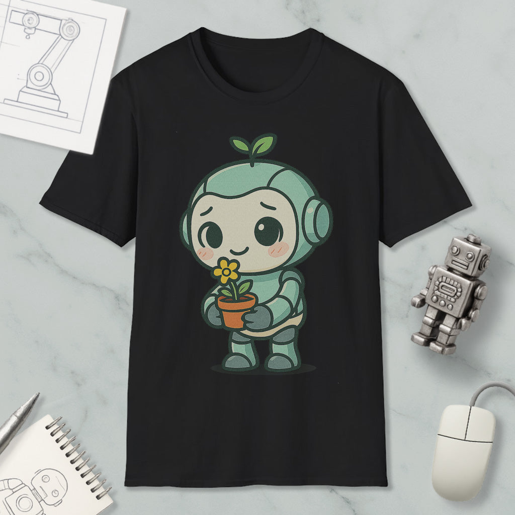 a black t-shirt with a cartoon character holding a flower, surrounded by various objects such as a computer mouse, a notebook, and a robot.