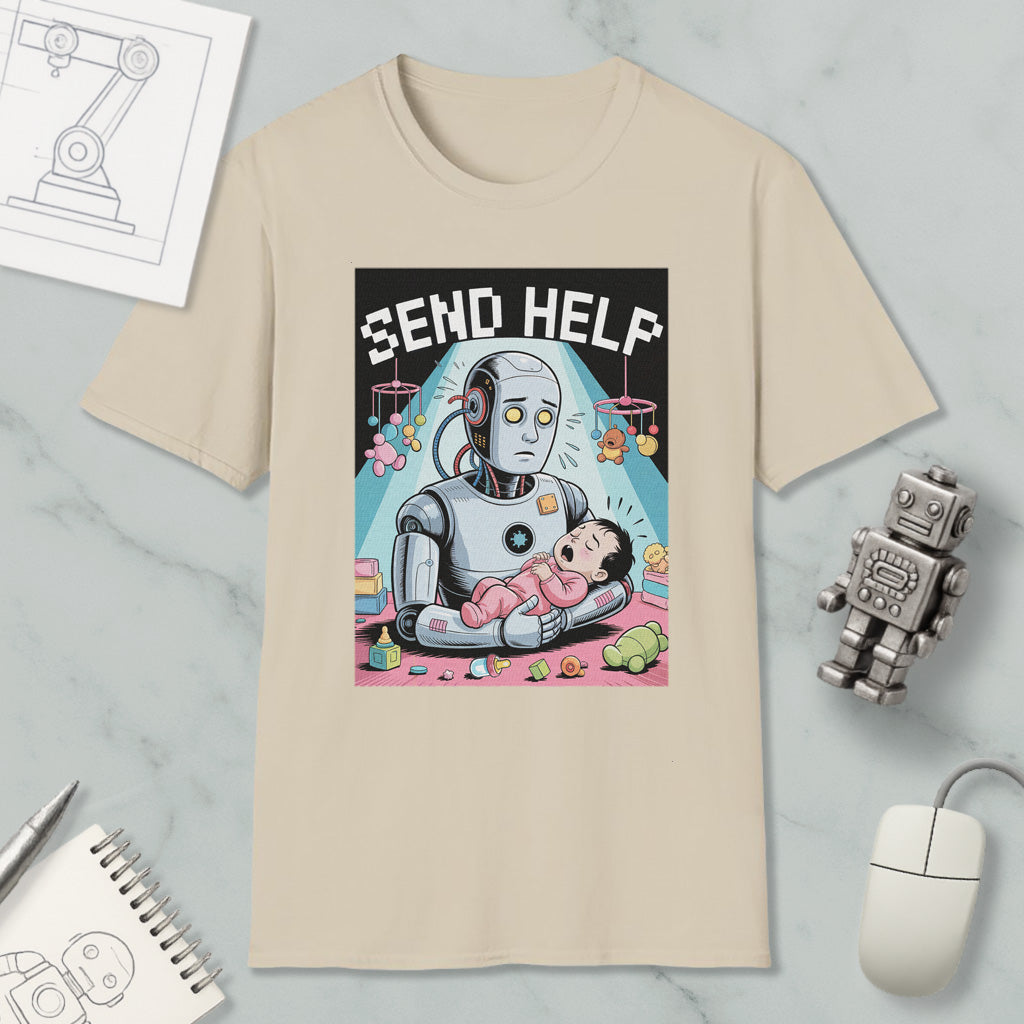 a t-shirt with a cartoon illustration of a robot holding a baby, accompanied by the text "SEND HELP".