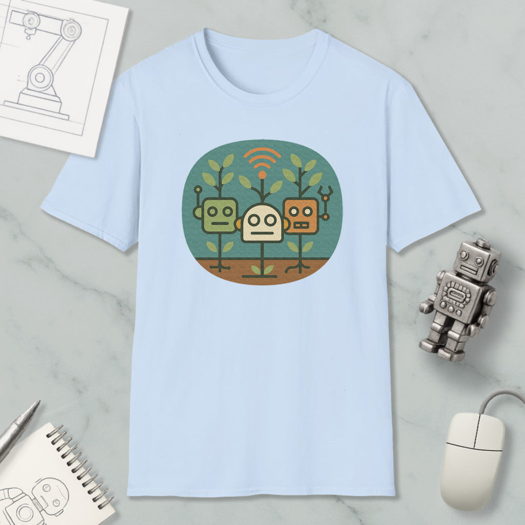a light blue t-shirt with a graphic design of three cartoon robots, along with various objects such as a computer mouse, a notebook, and a pen.