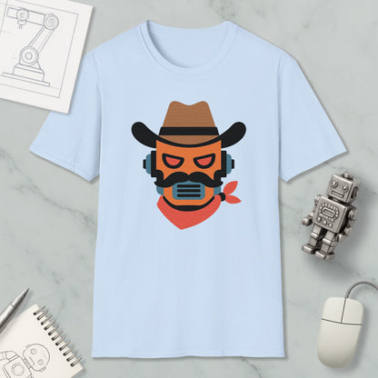 a light blue t-shirt with a graphic design of a cowboy hat and a red bandana, along with a computer mouse and a robot figurine.
