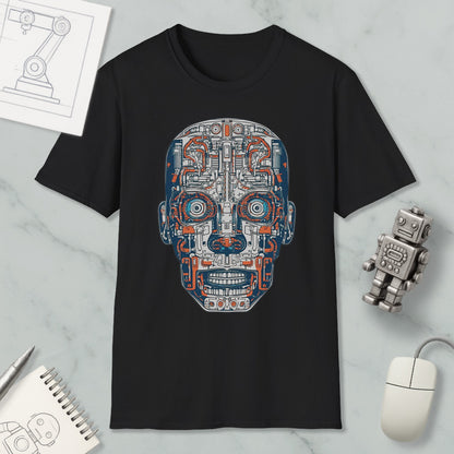 a black t-shirt with a colorful, intricate design of a robot or machine-like face, surrounded by various objects such as a computer mouse, a notebook, and a pen.