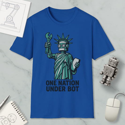 A blue t-shirt with a graphic design depicting a robot figure holding a wrench and the text "ONE NATION UNDER BOT" printed on it.