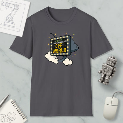 a gray t-shirt with a graphic design depicting a robot or machine surrounded by clouds and stars, along with the text "A NEW LIFE AWAYS OFF WORLD" printed on it.