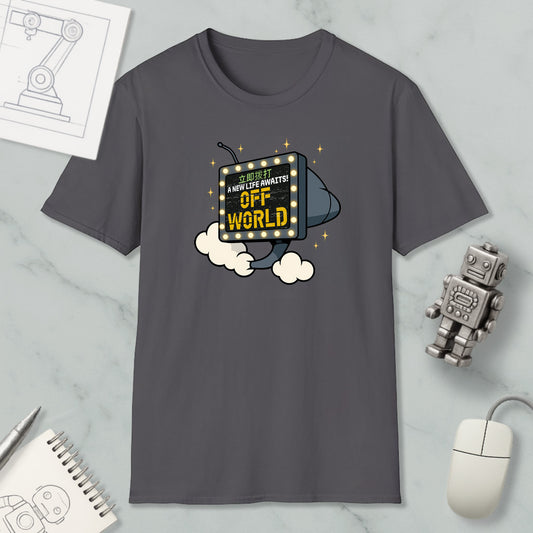 a gray t-shirt with a graphic design depicting a robot or machine surrounded by clouds and stars, along with the text "A NEW LIFE AWAYS OFF WORLD" printed on it.