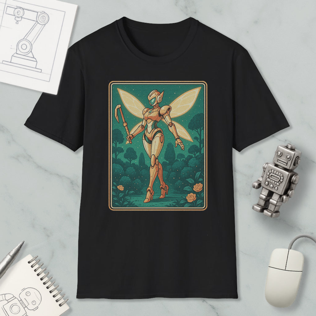 a black t-shirt with a graphic design depicting a fairy-like robot or character with wings, standing in a forest-like setting.