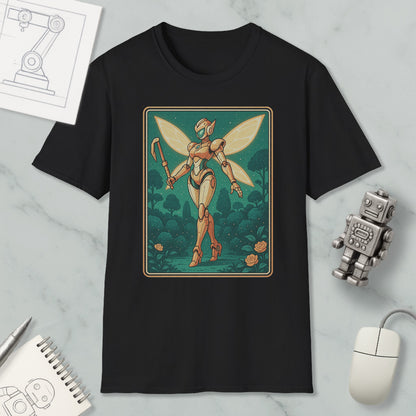 a black t-shirt with a graphic design depicting a fairy-like robot or character with wings, standing in a forest-like setting.