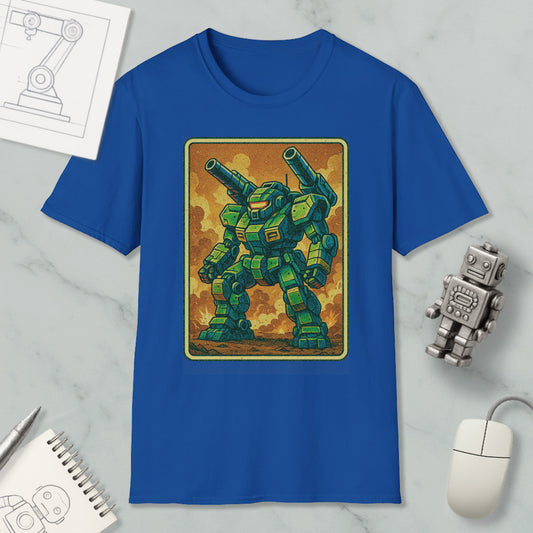 a blue t-shirt with a graphic of a green robot or mechanical figure, along with a computer mouse and a notebook.