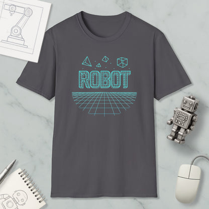 a gray t-shirt with a graphic design of a robot and geometric shapes, along with a computer mouse and a notebook.
