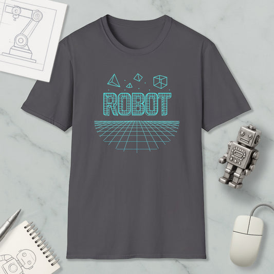 a gray t-shirt with a graphic design of a robot and geometric shapes, along with a computer mouse and a notebook.