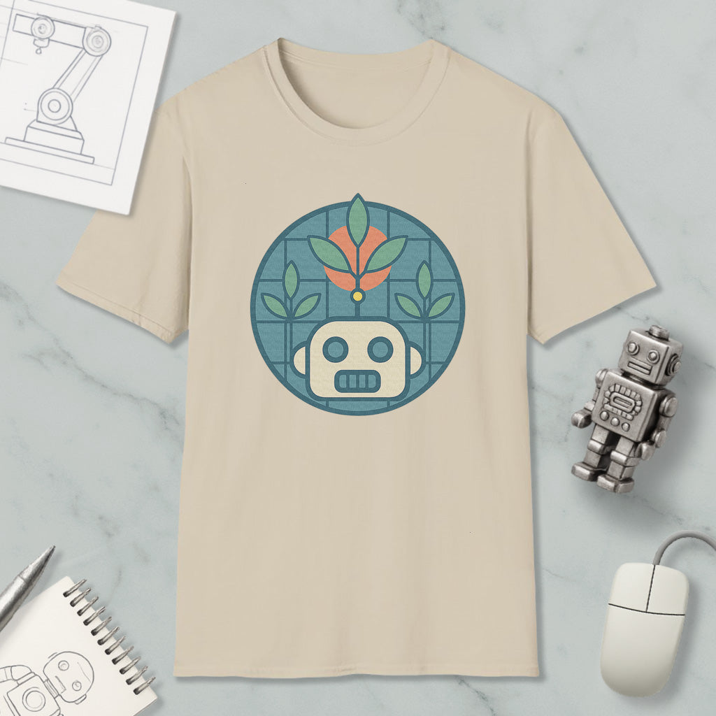 a beige t-shirt with a graphic design of a robot and plants, along with a computer mouse and a notebook on a marble surface.