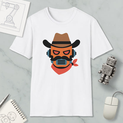 a white t-shirt with a graphic design of a cowboy hat and a red bandana, along with a computer mouse and a notebook.