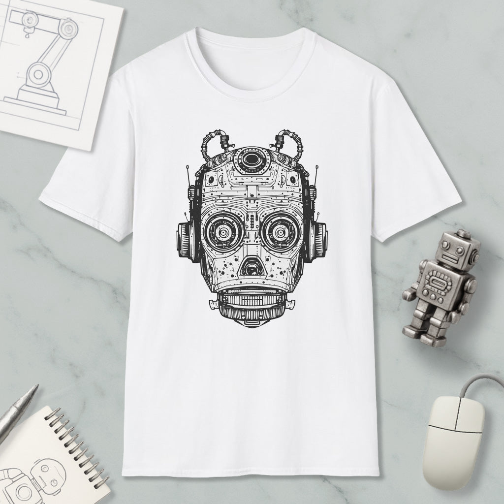 a white t-shirt with a black and white illustration of a robot or machine head, along with various objects such as a computer mouse, a notebook, and a pen.
