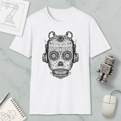 a white t-shirt with a black and white illustration of a robot or machine head, along with various objects such as a computer mouse, a notebook, and a pen.