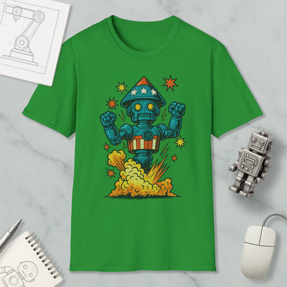 a green t-shirt with a colorful illustration of a robot, surrounded by stars and a rocket, along with a computer mouse and other office supplies.