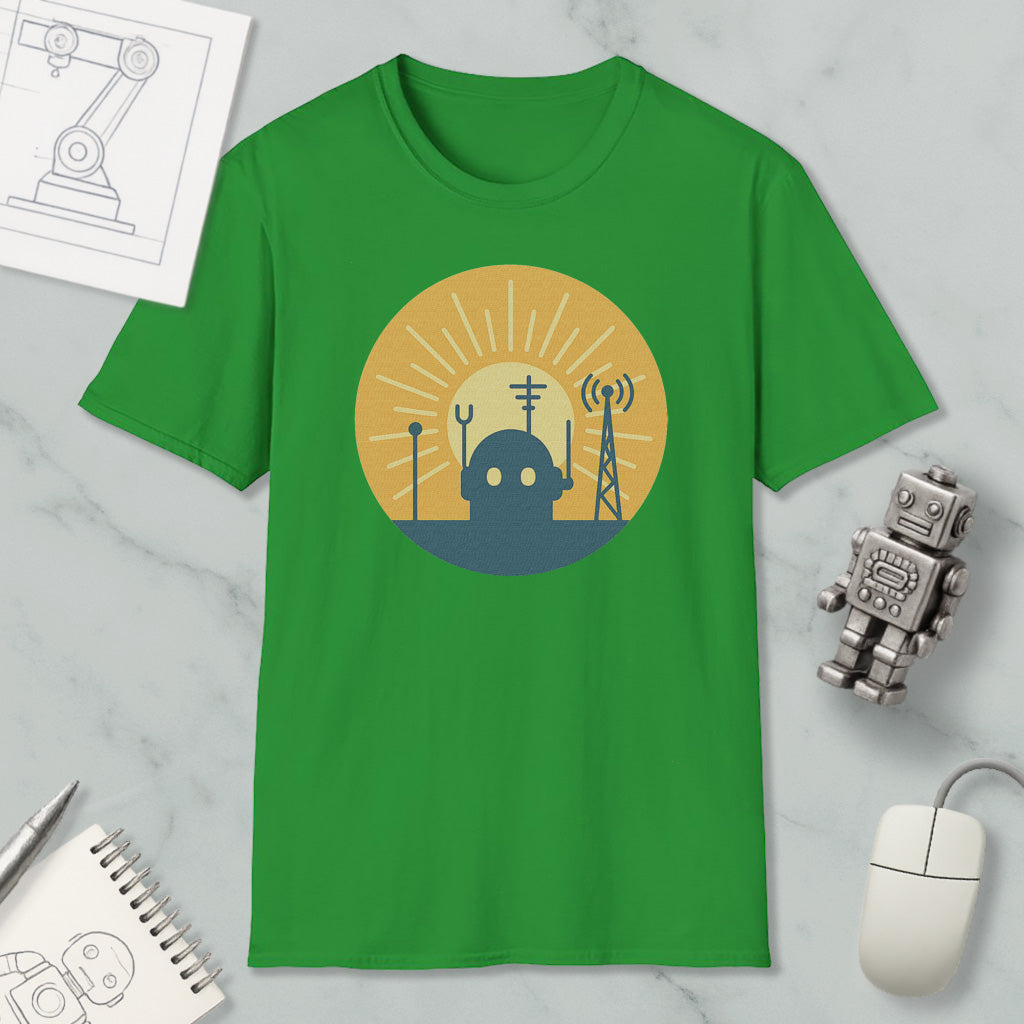 a green t-shirt with a graphic design depicting a robot surrounded by various technological elements, such as a satellite dish, a robot arm, and a computer mouse.