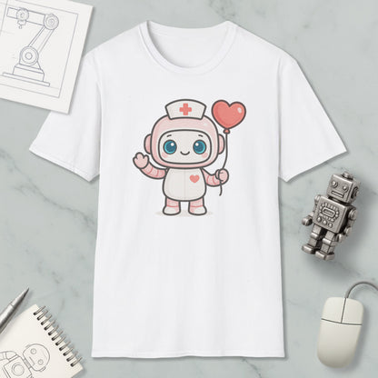 a white t-shirt with a cartoon character wearing a nurse's uniform and holding a heart-shaped balloon. The t-shirt is placed on a marble surface, surrounded by various objects such as a computer mouse, a notebook, and a robot.