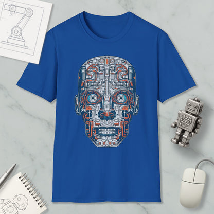 a blue t-shirt with a detailed robot or mechanical face design, along with various objects such as a computer mouse, a notebook, and a pen.