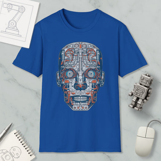 a blue t-shirt with a detailed robot or mechanical face design, along with various objects such as a computer mouse, a notebook, and a pen.