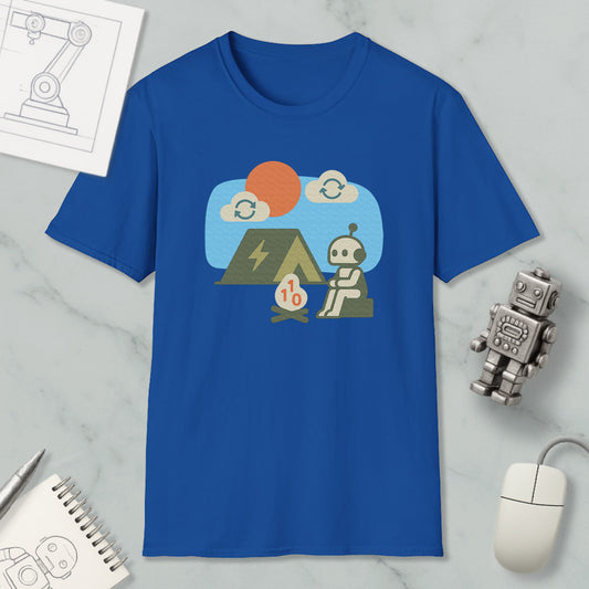 a blue t-shirt with a graphic design depicting a robot sitting on a rock, with a small tent and a campfire nearby. The t-shirt is displayed on a marble surface, along with a computer mouse, a notebook, and a small robot figurine.