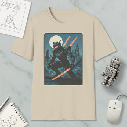 a t-shirt with a graphic design depicting a character wielding a sword and standing on a rooftop at night, with a full moon in the background.