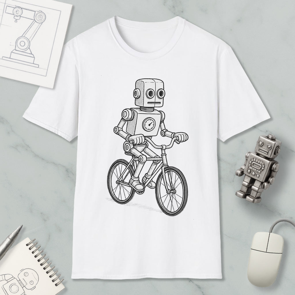 A white t-shirt with a black and white illustration of a robot riding a bicycle.