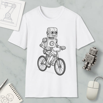 A white t-shirt with a black and white illustration of a robot riding a bicycle.