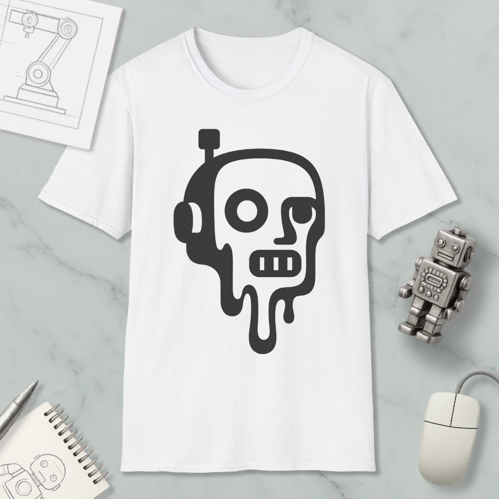 a white t-shirt with a black graphic design depicting a robot or robot-like figure with dripping or melting features, accompanied by a computer mouse, a notebook, and a pen.