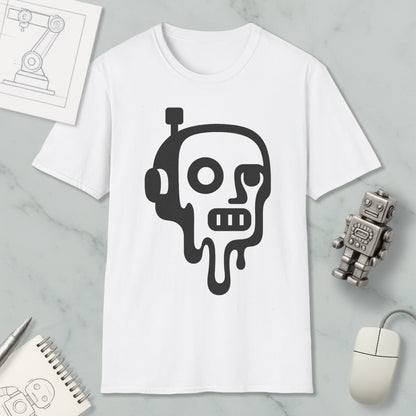 a white t-shirt with a black graphic design depicting a robot or robot-like figure with dripping or melting features, accompanied by a computer mouse, a notebook, and a pen.