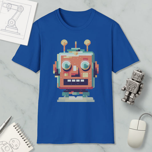 a blue t-shirt with a colorful robot graphic, along with a computer mouse, a notepad, and a small robot figurine.