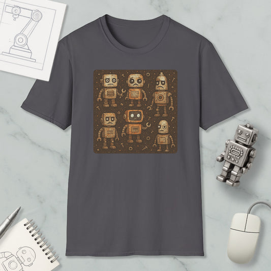 a gray t-shirt with a graphic design of six robot characters on it, along with a computer mouse and a notebook.