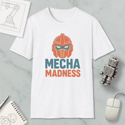 a white t-shirt with a graphic design of a robot head and the text "MECHA MADNESS" printed on it, along with a computer mouse and a notebook.