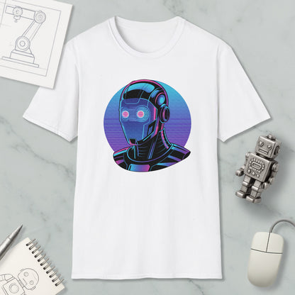 a white t-shirt with a graphic design of a robot or cyborg head, surrounded by various objects such as a computer mouse, a notebook, and a pen.