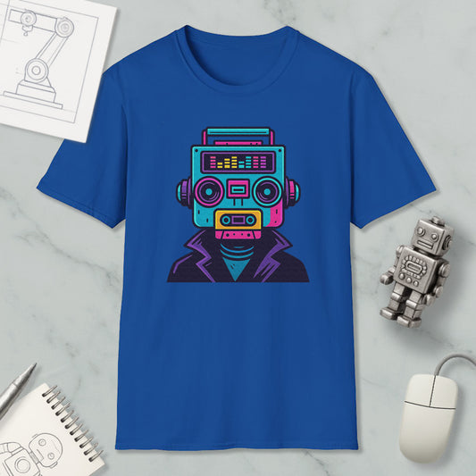 a blue t-shirt with a colorful graphic of a robot or robot-like figure, along with various objects such as a computer mouse, a notebook, and a pen.