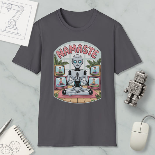 A t-shirt with a graphic design depicting a robot sitting in a meditative pose, surrounded by various images of people, with the word "NAMASTE" prominently displayed.