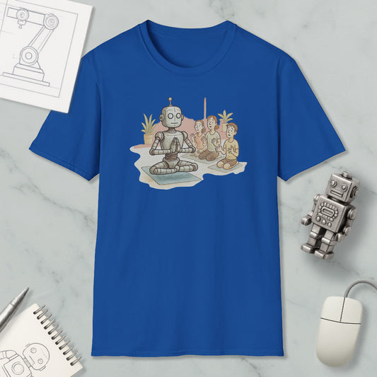 a blue t-shirt with a cartoon robot sitting in a meditative pose, surrounded by three smaller robot figures. The t-shirt is displayed on a marble surface, with a computer mouse and a notebook visible in the background.