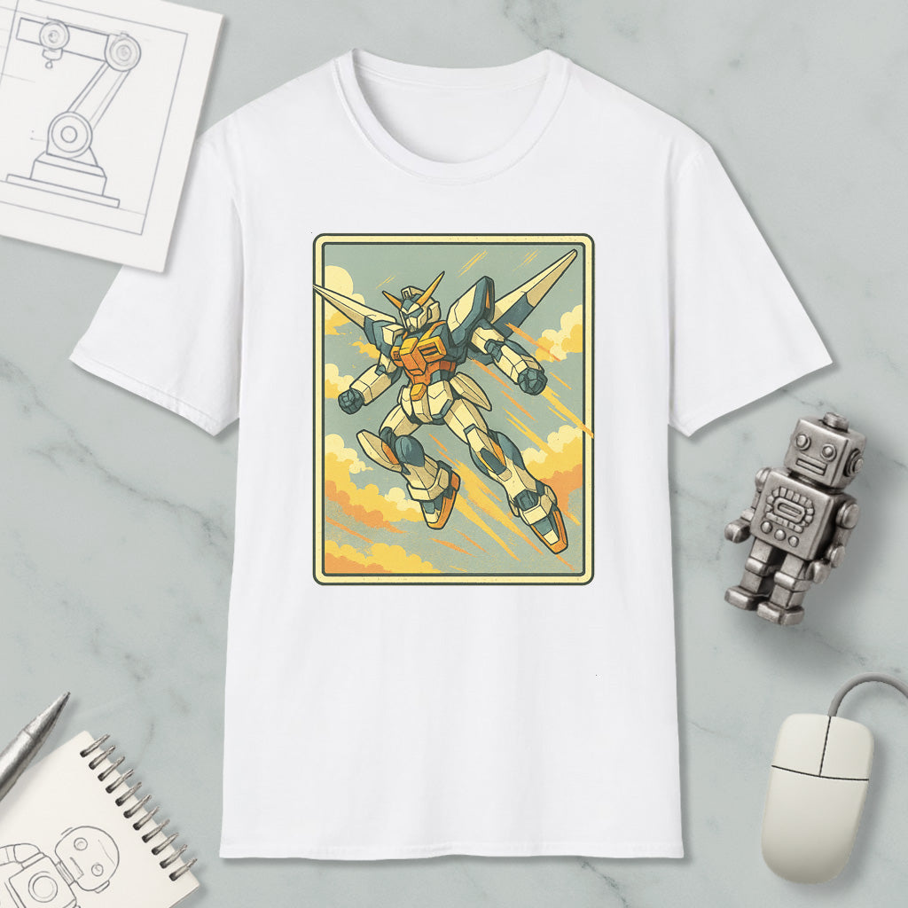 a white t-shirt with a graphic of a robot or character, along with various objects such as a computer mouse, a notebook, and a robot figurine.